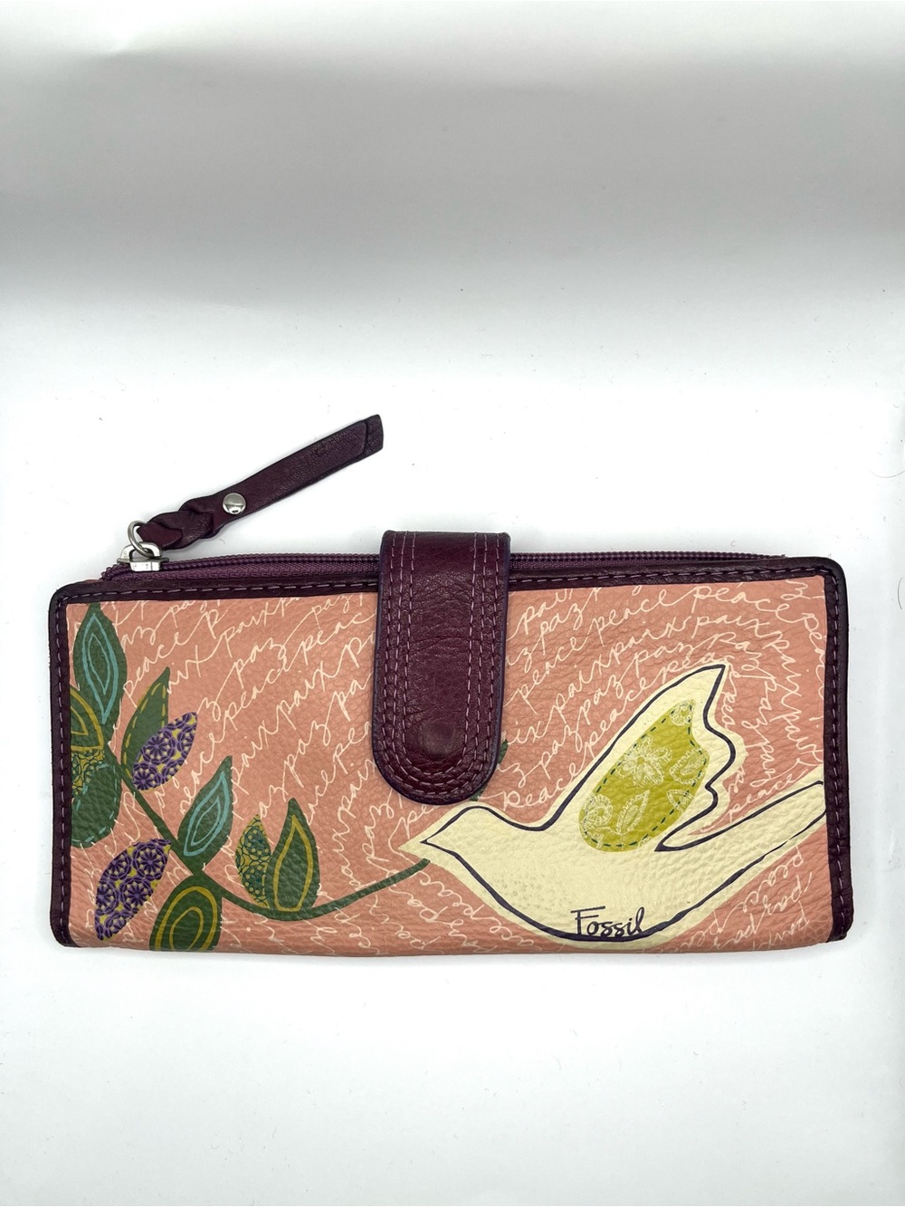 Fossil Pink Bird & Floral Leather Zip Wallet with Plum Trim